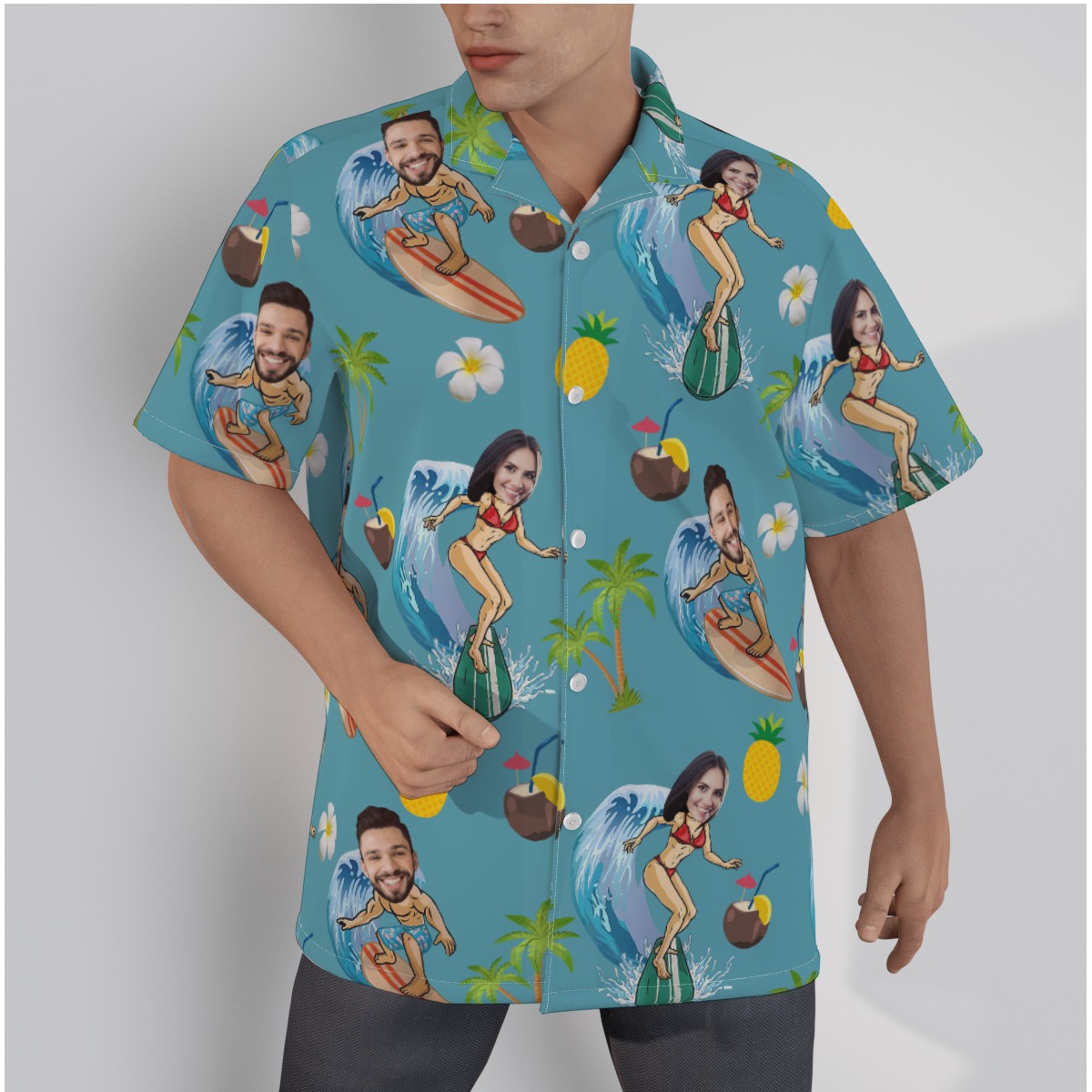 Funny Custom Face Couple Surfing Hawaiian Shirt - variant image 1