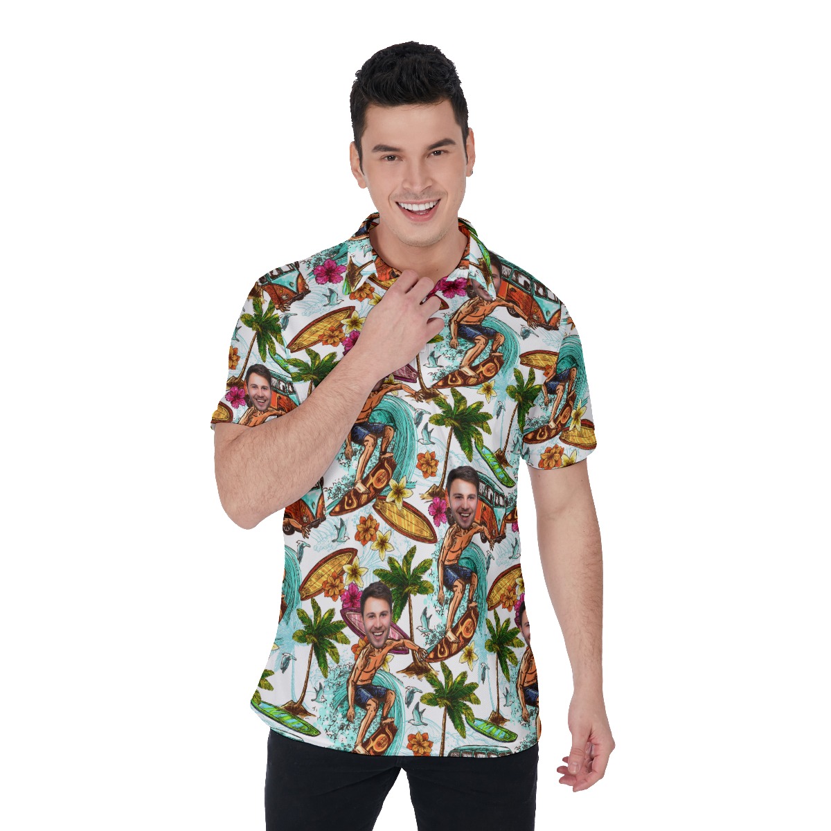 Funny Surfing Beach Men's Polo Shirt With Custom Face - variant image 1