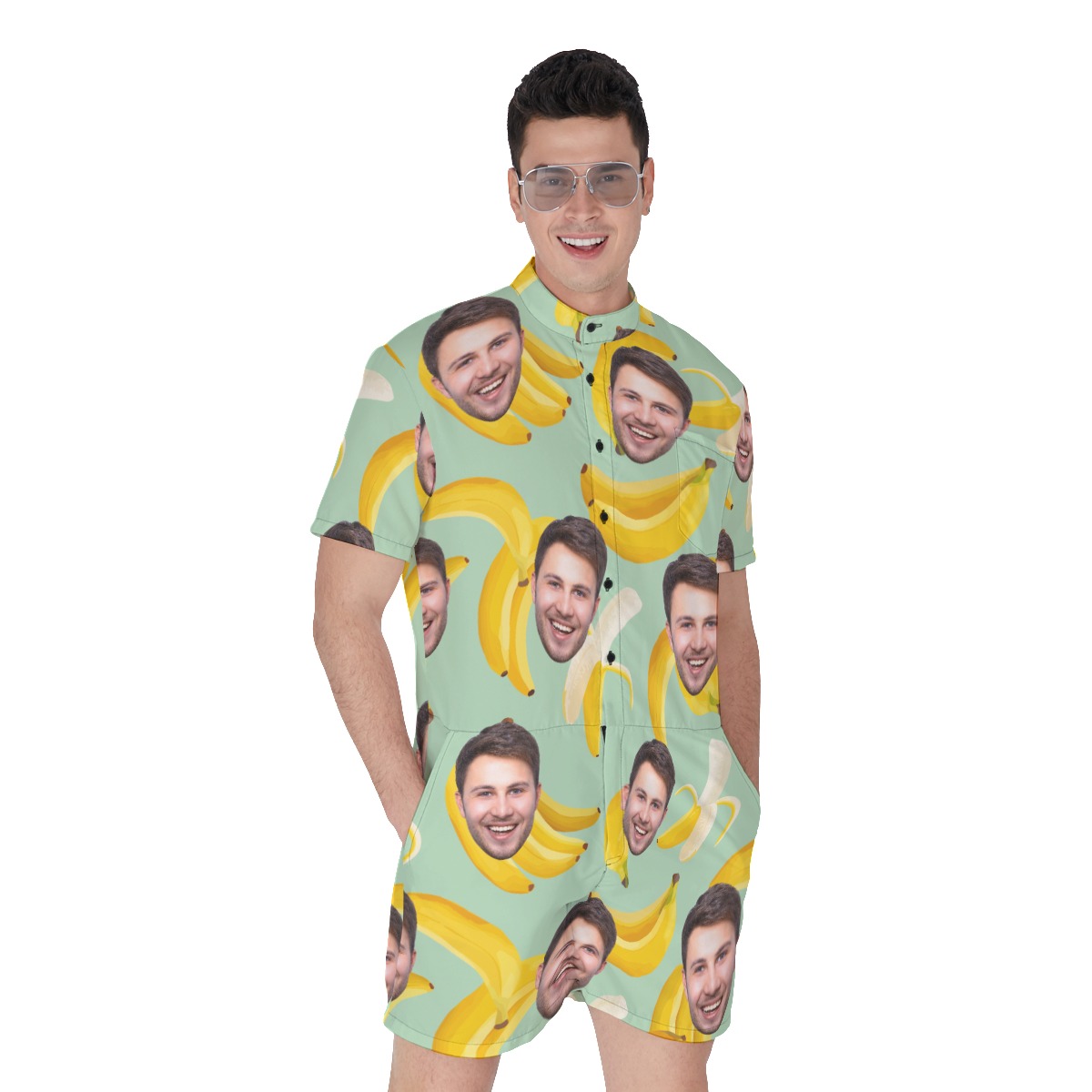 Funny Custom Face With Tropical Banana Hawaiian Romper For Men - variant image 1