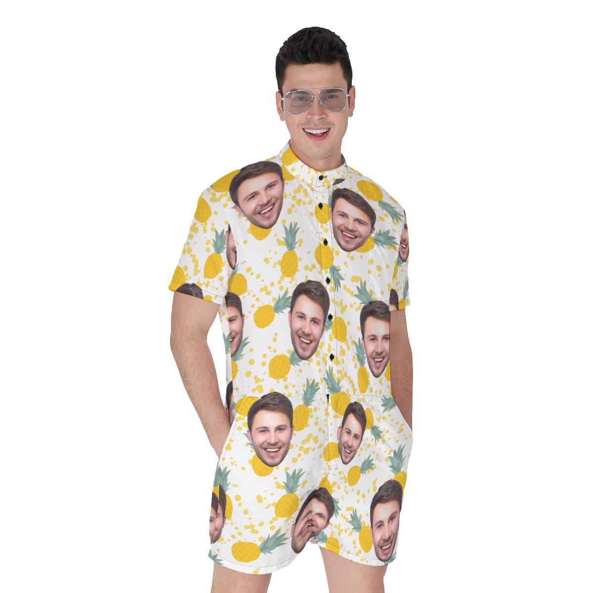 Tropical Pineapple Custom Face Men's Hawaiian Romper For Summer - variant image 1