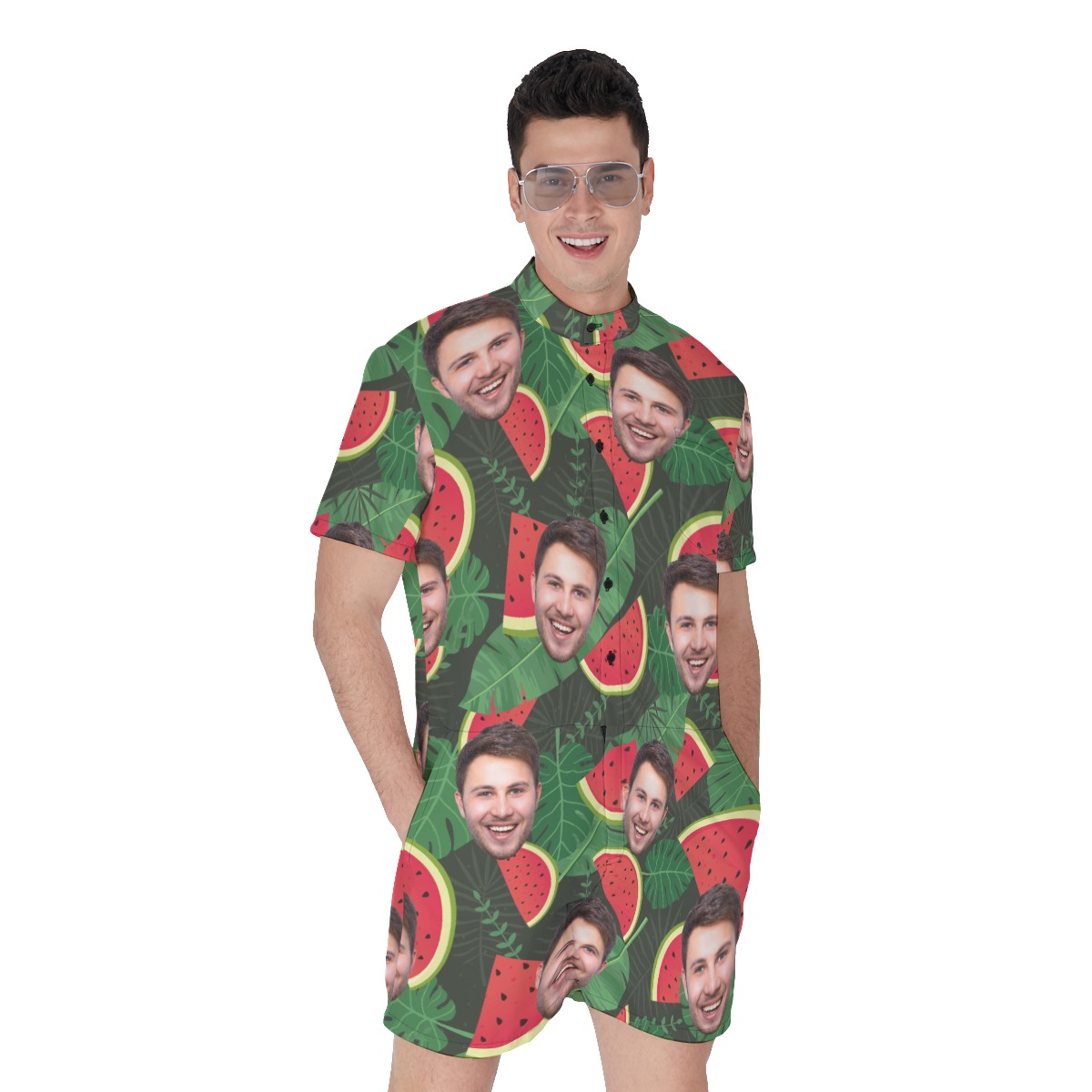 Tropical Watermelon Custom Face Men's Hawaiian Romper - variant image 1