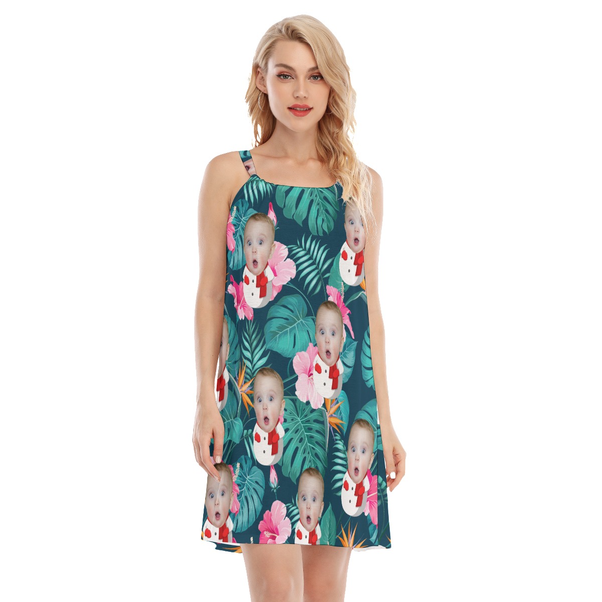 Custom Face Snowman Floral Hawaiian Cami Dress For Women - variant image 1