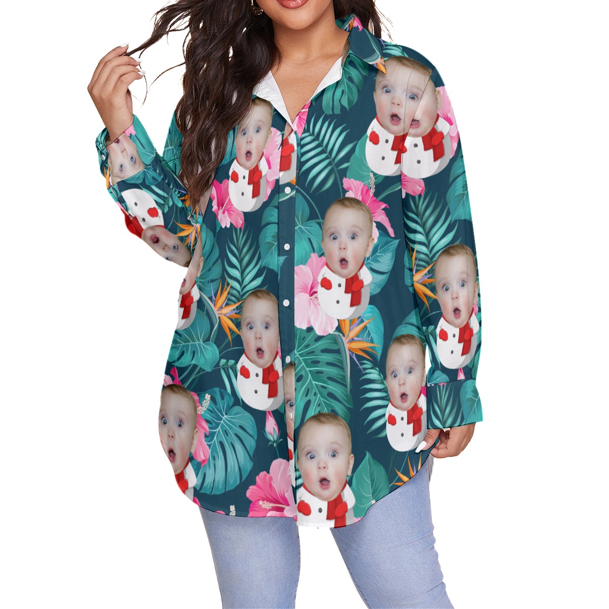 Funny Snowman Custom Face Tropical Hawaiian Plus Size Shirt For Women - variant image 1