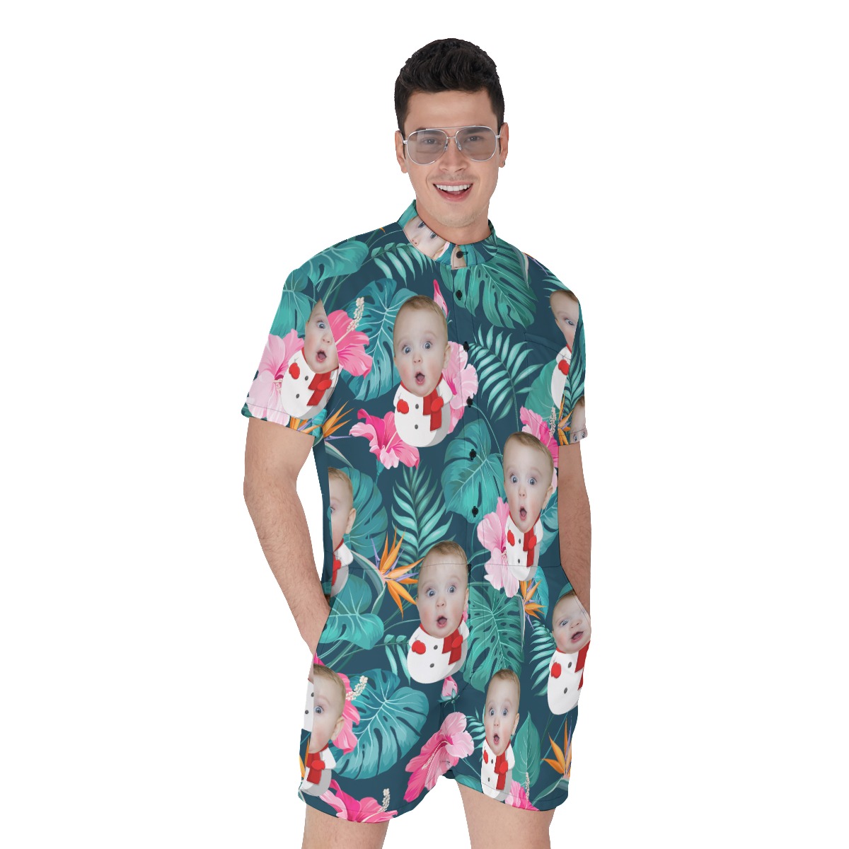Custom Baby Face With Snowman Tropical Hawaiian Romper - variant image 1