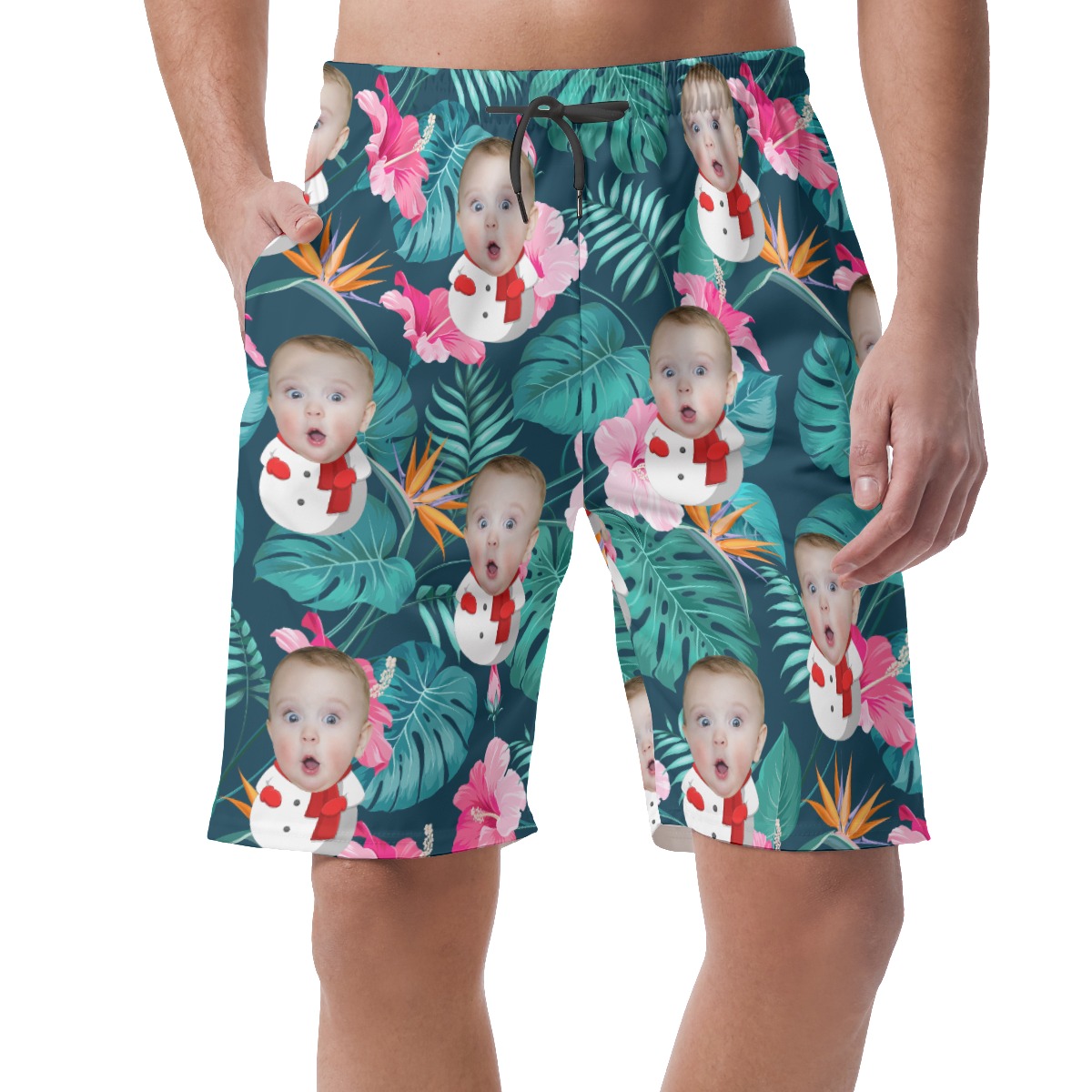 Floral Custom Face Snowman Hawaiian Beach Shorts For Men - variant image 1