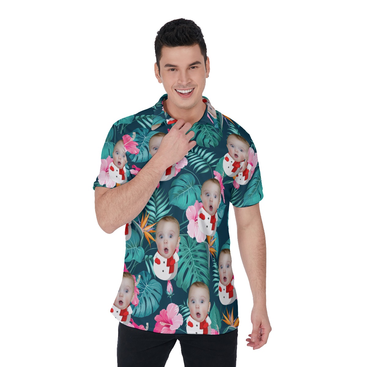 Funny Custom Face Snowman Floral Hawaiian Polo Shirt For Men - variant image 1