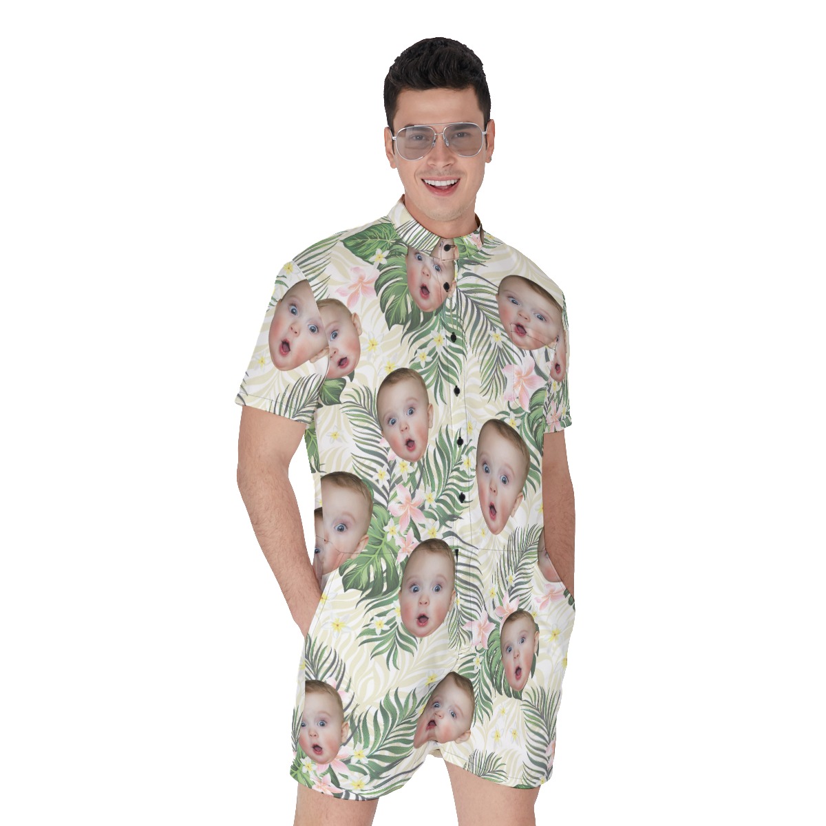 Custom Baby Face Floral Men's Hawaiian Romper - variant image 1