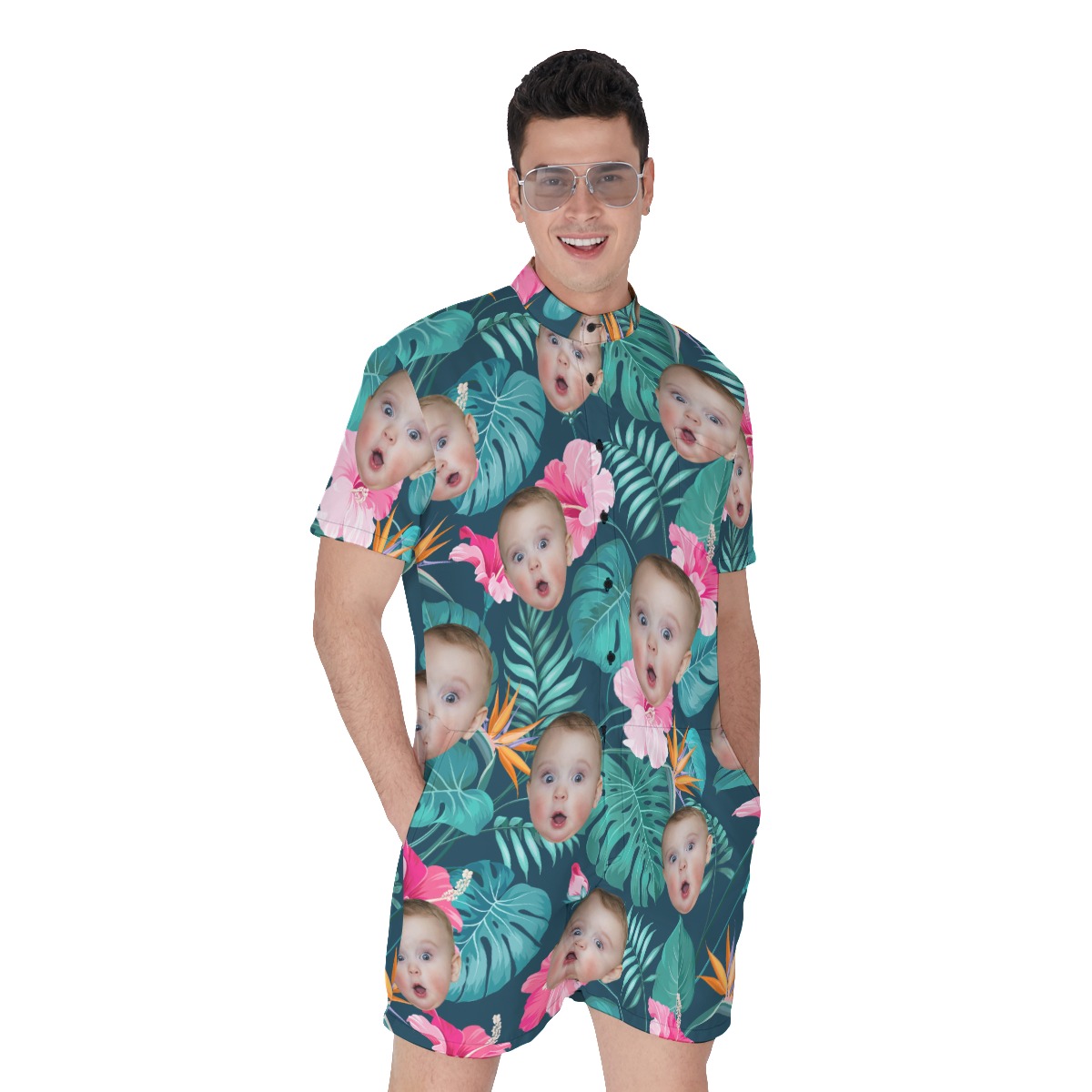Funny Custom Tropical Men's Hawaiian Romper With Kids Face - variant image 1