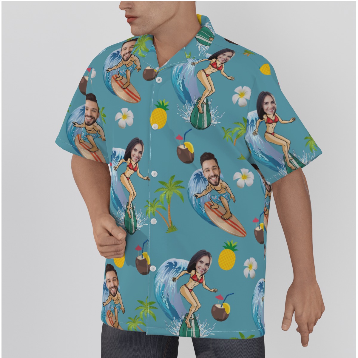 Funny Custom Face Couple Surfing Hawaiian Shirt