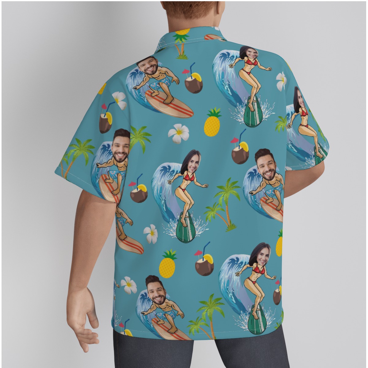 Funny Custom Face Couple Surfing Hawaiian Shirt