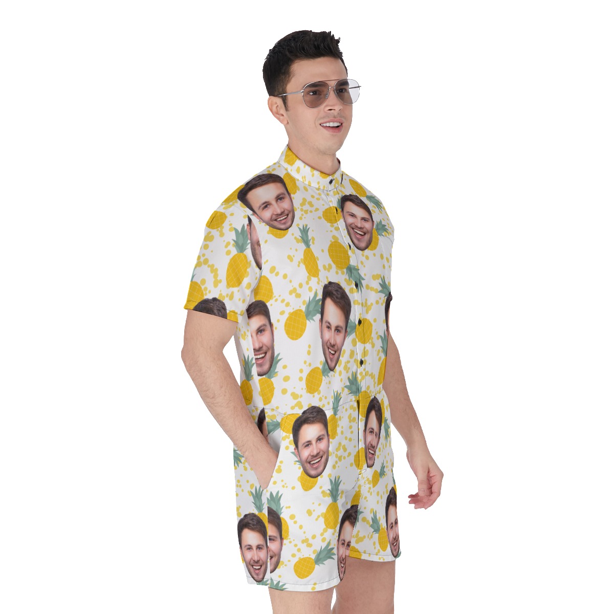 Tropical Pineapple Custom Face Men's Hawaiian Romper For Summer