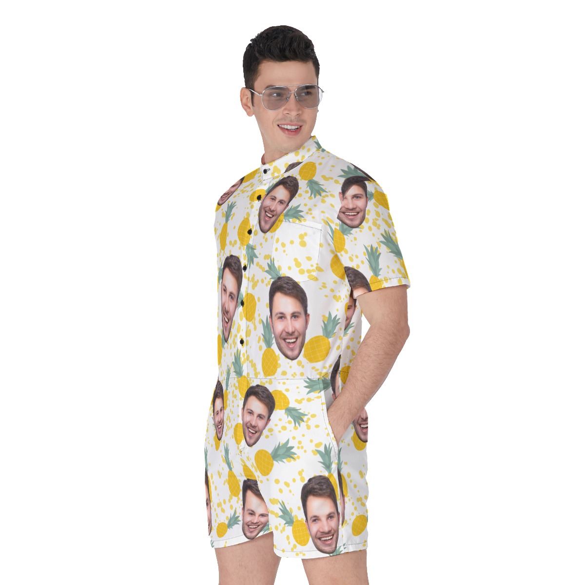 Tropical Pineapple Custom Face Men's Hawaiian Romper For Summer