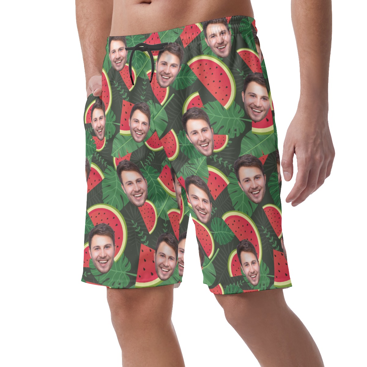 Funny Custom Face Watermelon Green Hawaiian Beach Shorts For Men