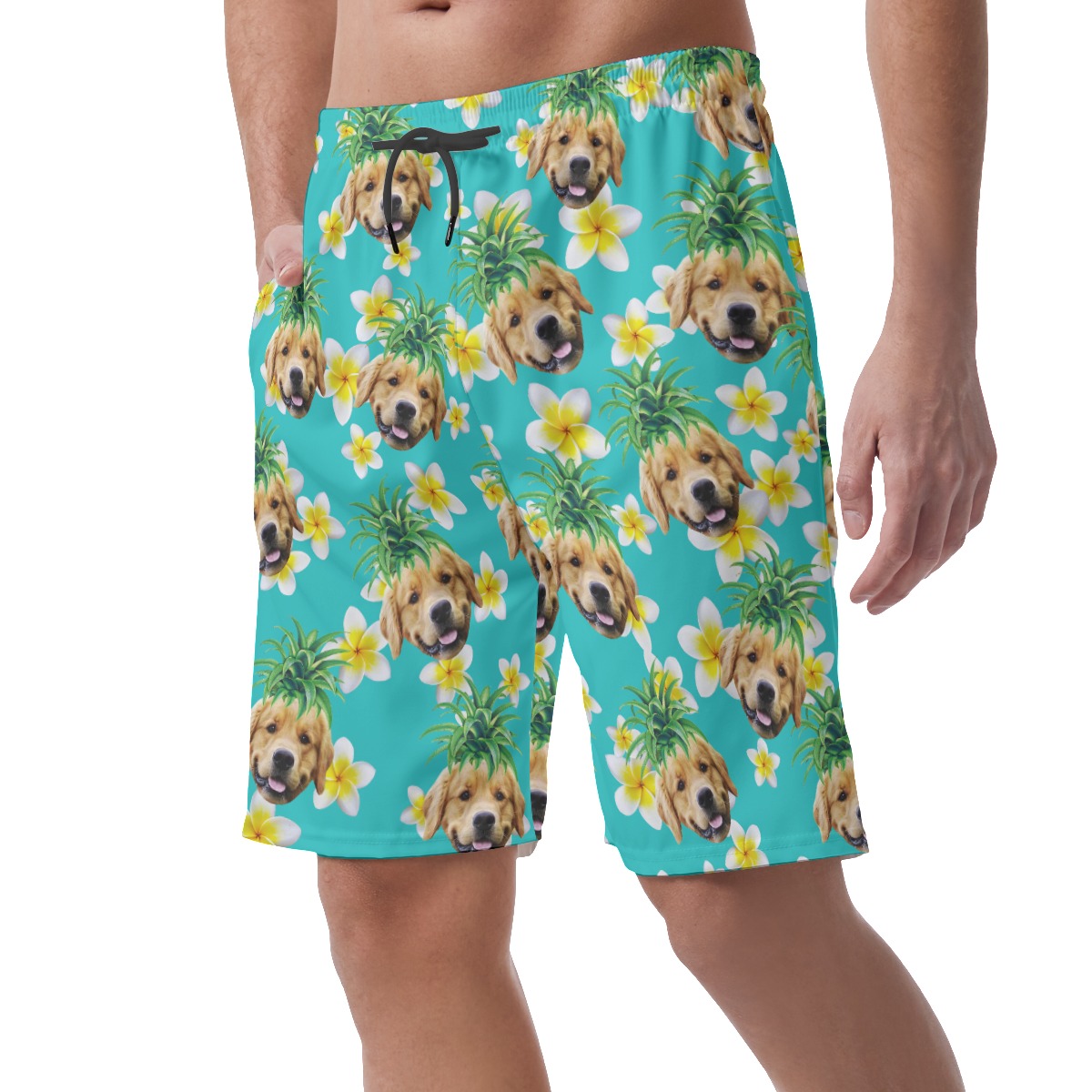 Cute Custom Dog Face With Pineapple Hawaiian Beach Shorts For Men
