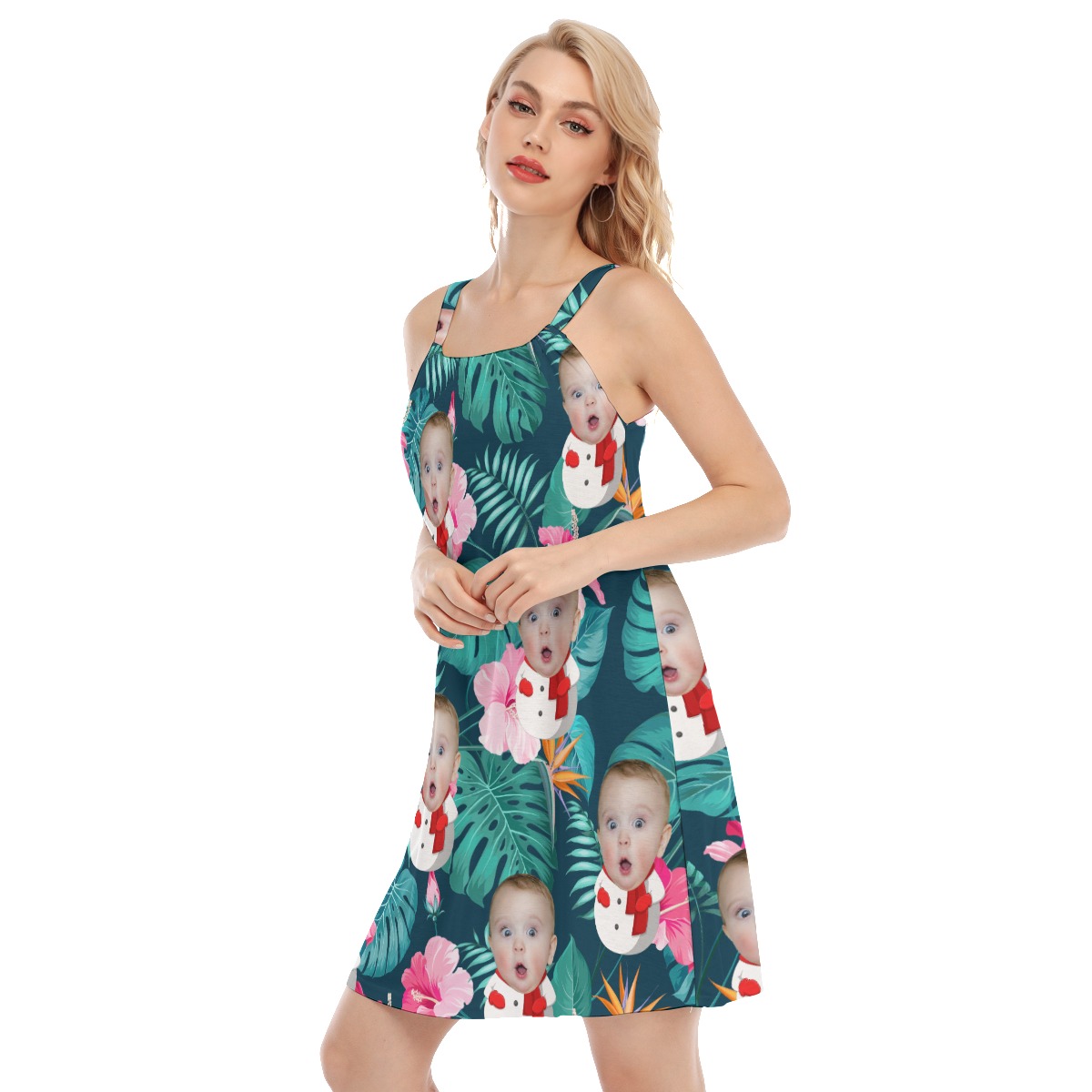 Custom Face Snowman Floral Hawaiian Cami Dress For Women