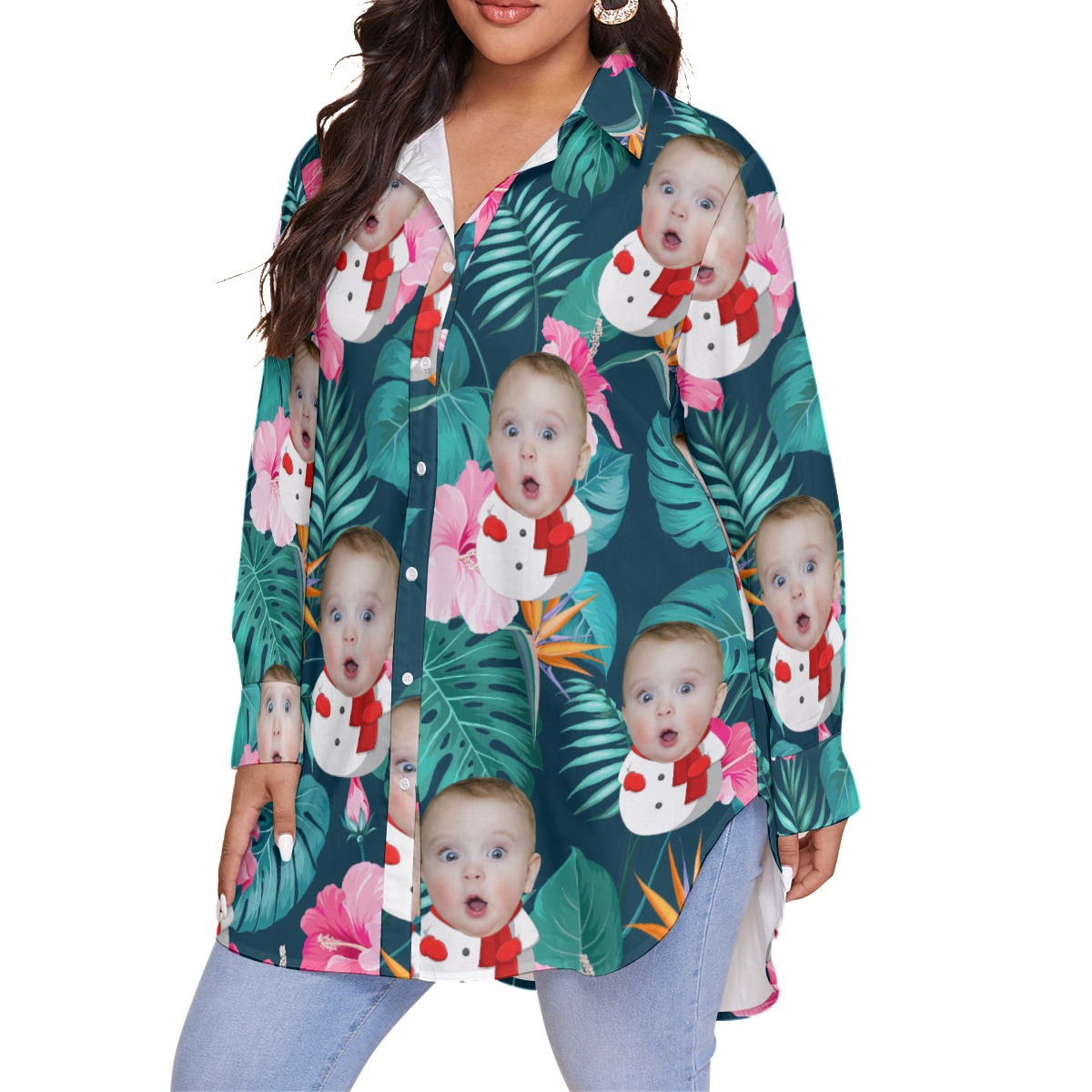 Funny Snowman Custom Face Tropical Hawaiian Plus Size Shirt For Women
