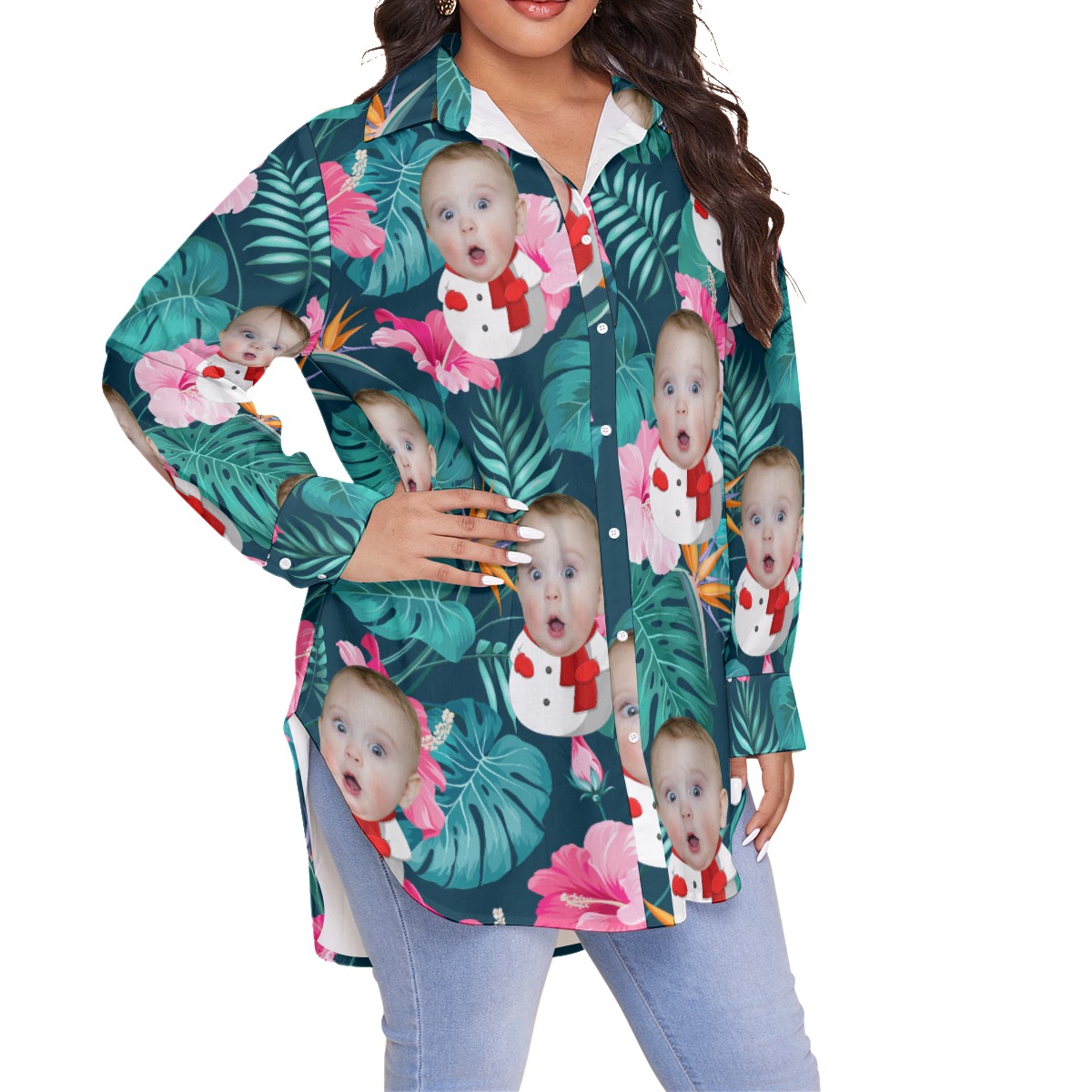 Funny Snowman Custom Face Tropical Hawaiian Plus Size Shirt For Women