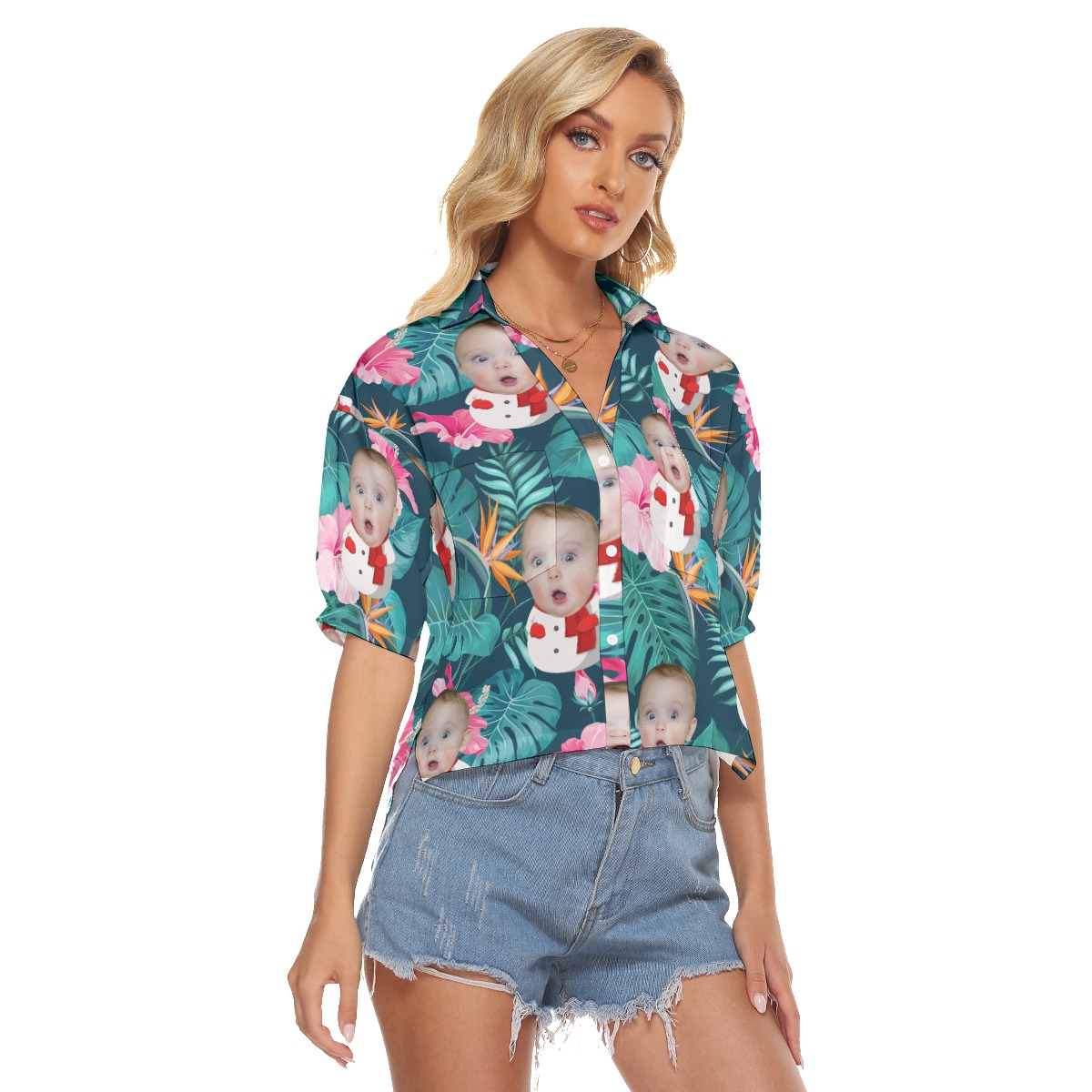 Tropical Custom Face Snowman Hawaiian Cropped Shirt For Women