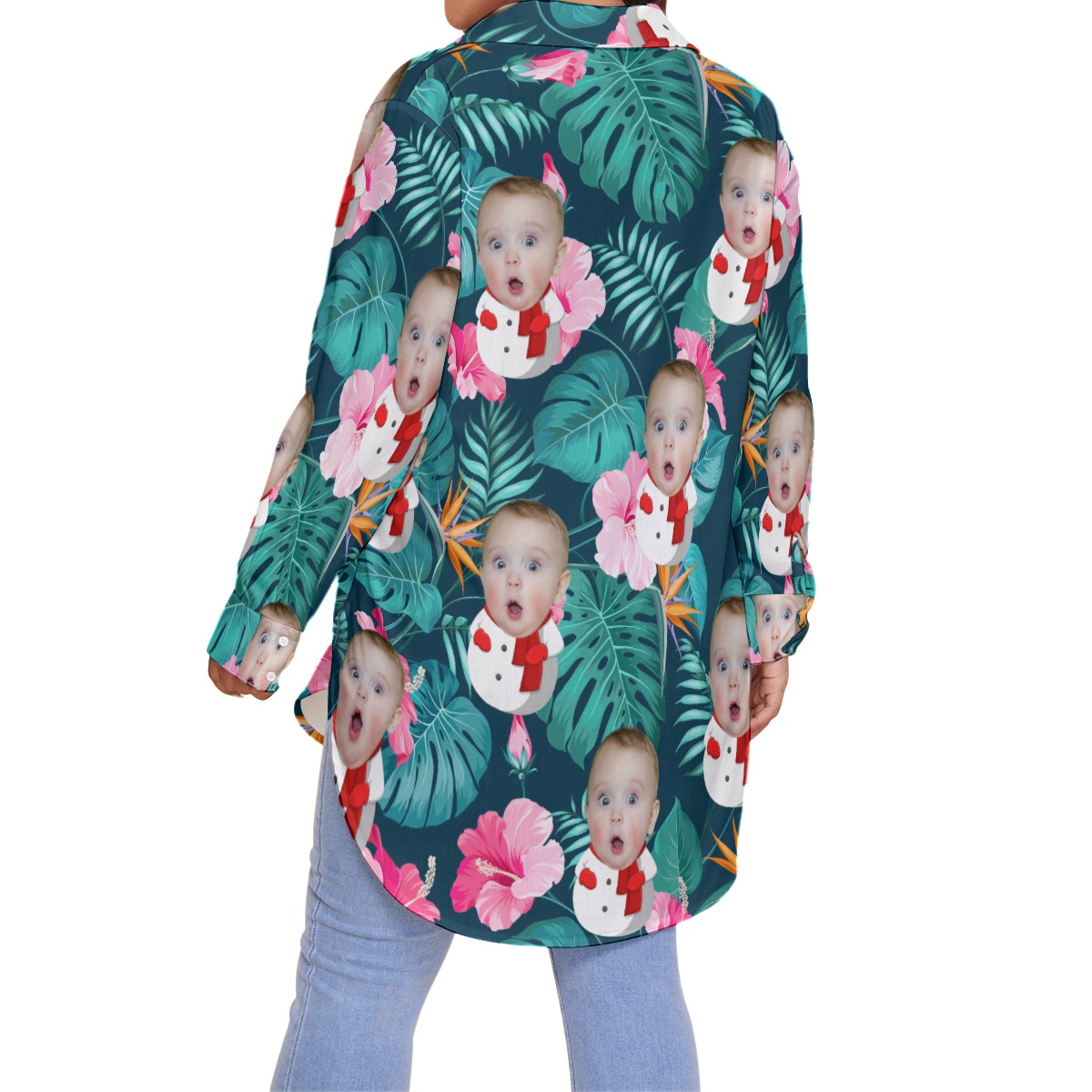 Funny Snowman Custom Face Tropical Hawaiian Plus Size Shirt For Women