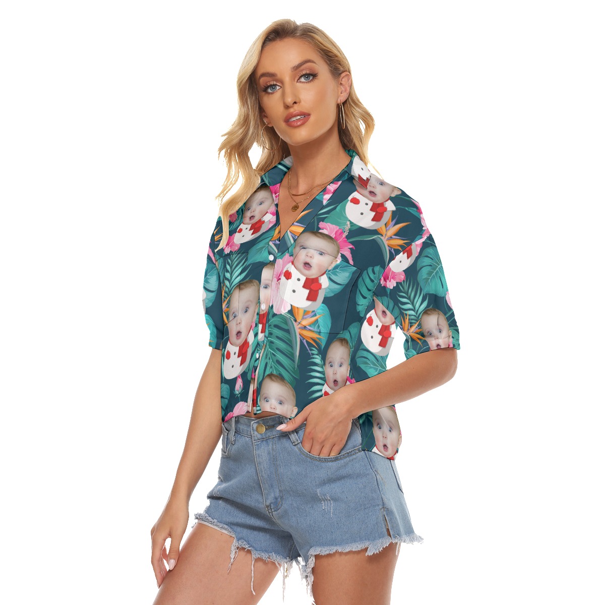Tropical Custom Face Snowman Hawaiian Cropped Shirt For Women