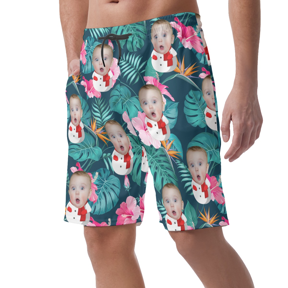 Floral Custom Face Snowman Hawaiian Beach Shorts For Men