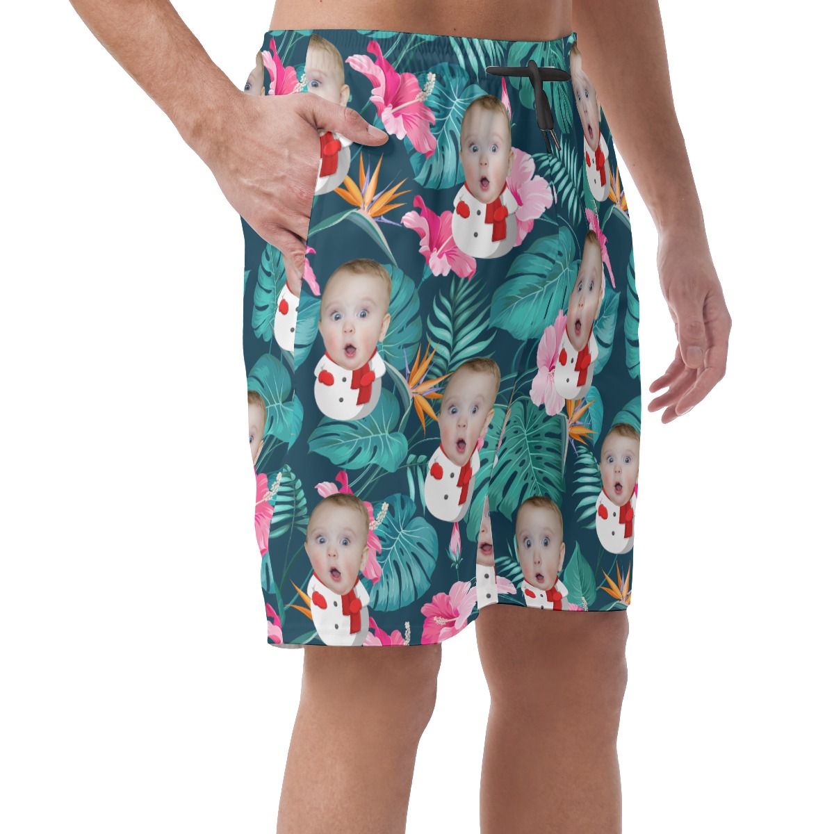 Floral Custom Face Snowman Hawaiian Beach Shorts For Men