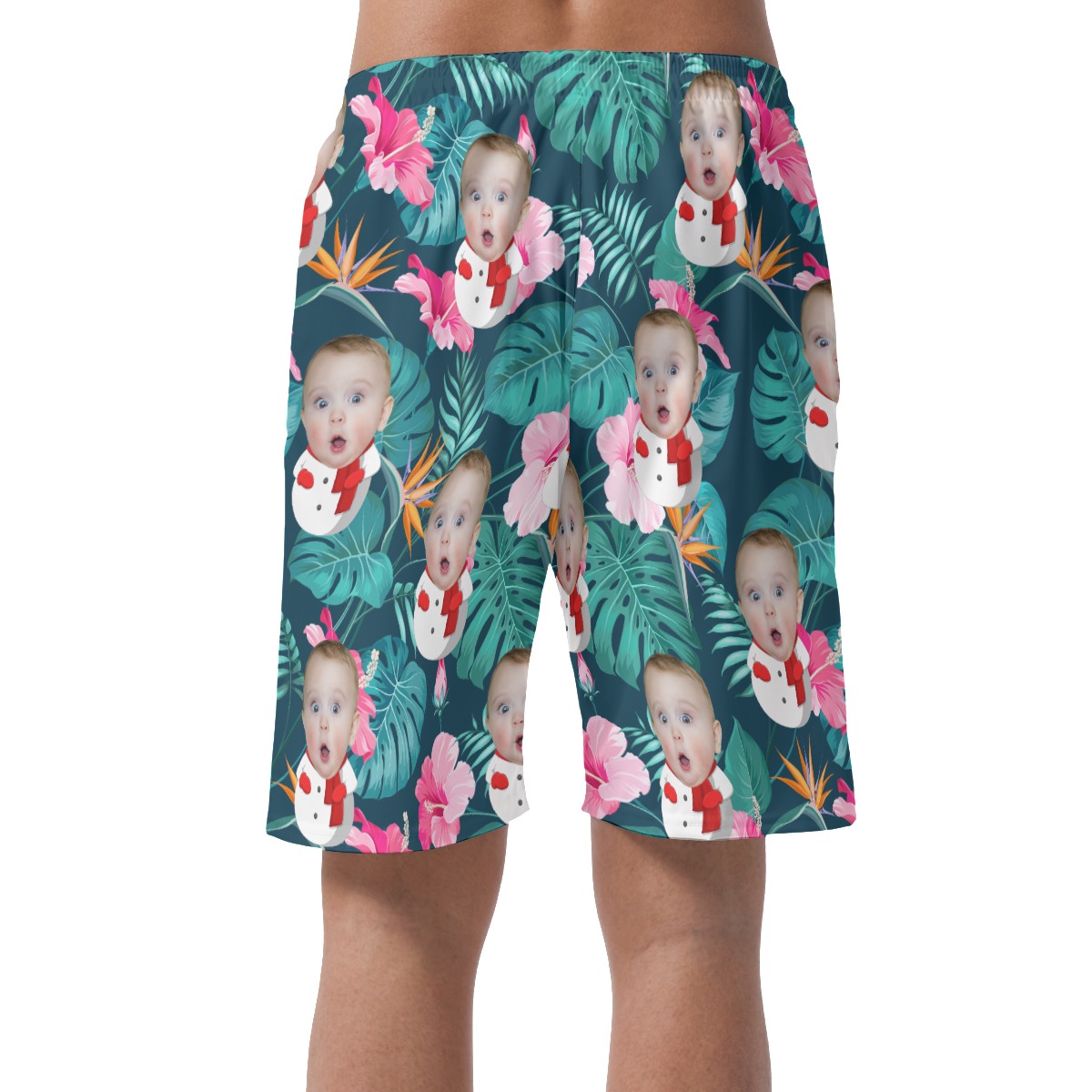 Floral Custom Face Snowman Hawaiian Beach Shorts For Men