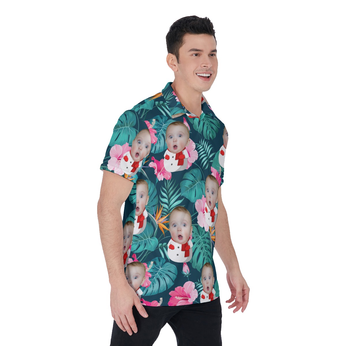 Funny Custom Face Snowman Floral Hawaiian Polo Shirt For Men