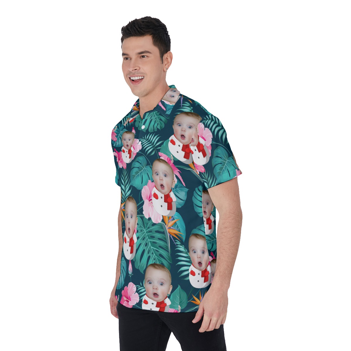 Funny Custom Face Snowman Floral Hawaiian Polo Shirt For Men