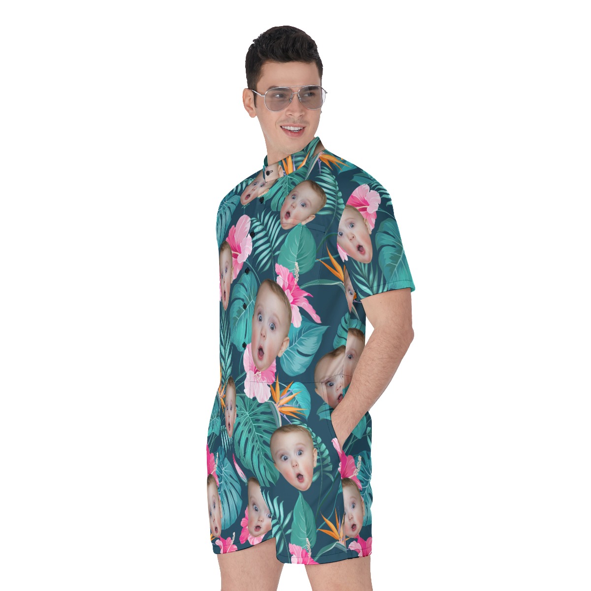 Funny Custom Tropical Men's Hawaiian Romper With Kids Face