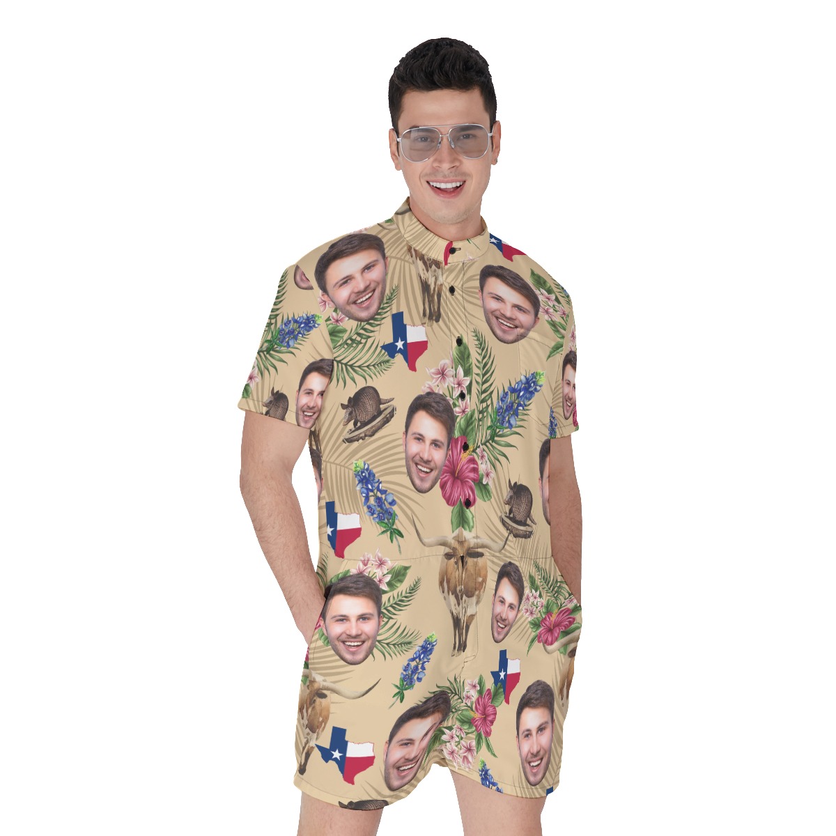 Custom Face Texas Longhorns Floral Hawaiian Romper For Men - variant image 1