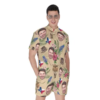 Custom Face Texas Longhorns Floral Hawaiian Romper For Men