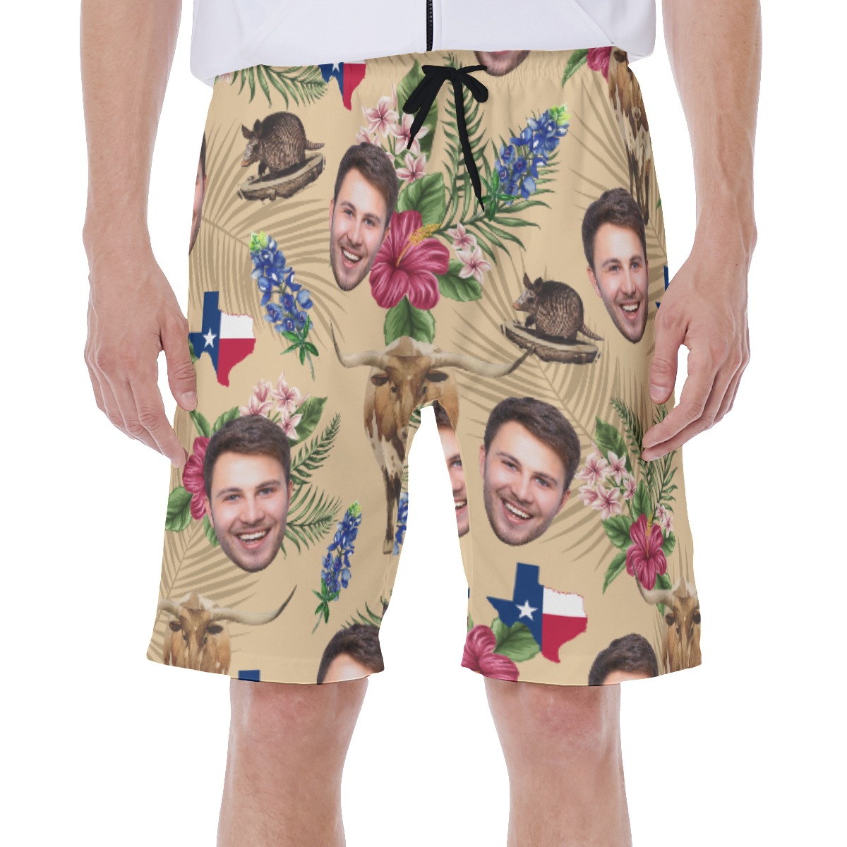 Texas Longhorns Floral Custom Face Hawaiian Swim Trunks For Men - variant image 1