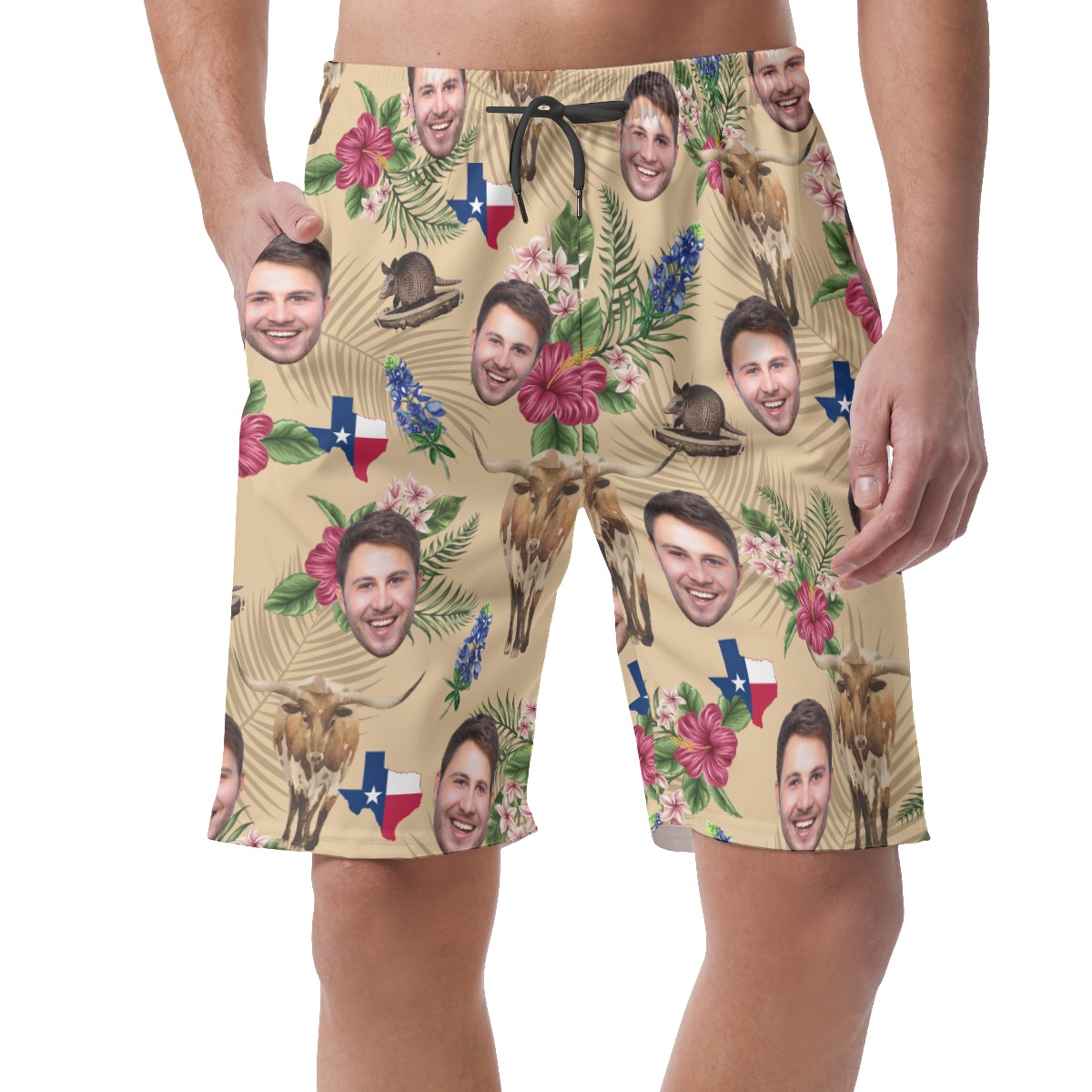 Funny Texas Flag Floral Custom Face Hawaiian Beach Shorts For Men - variant image 1