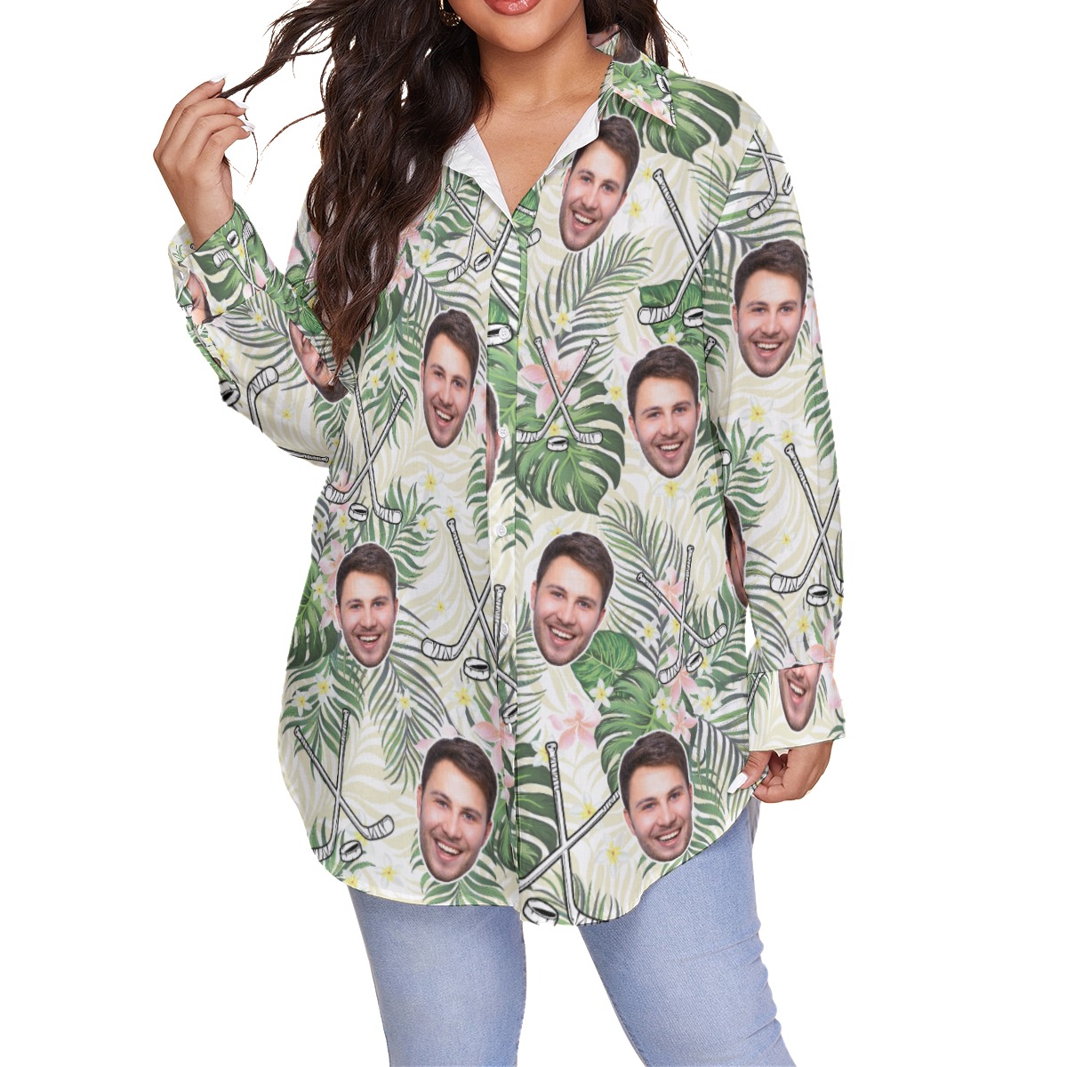 Custom Face Hockey Tropical Hawaiian Plus Size Shirt For Women - variant image 1