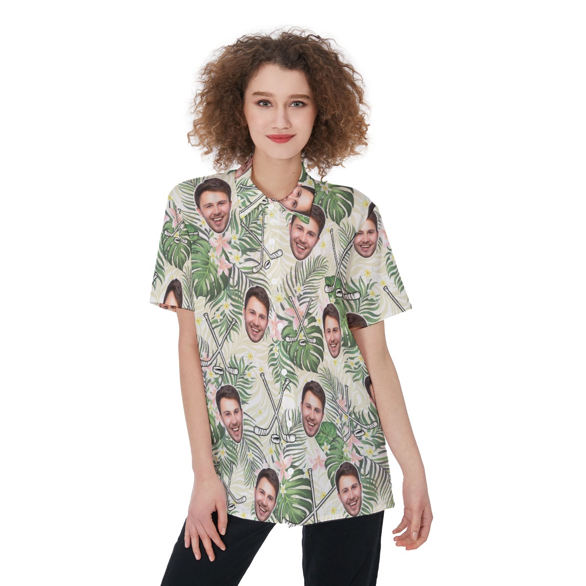 Funny Custom Face Hockey Floral Hawaiian Shirt For Women - variant image 1
