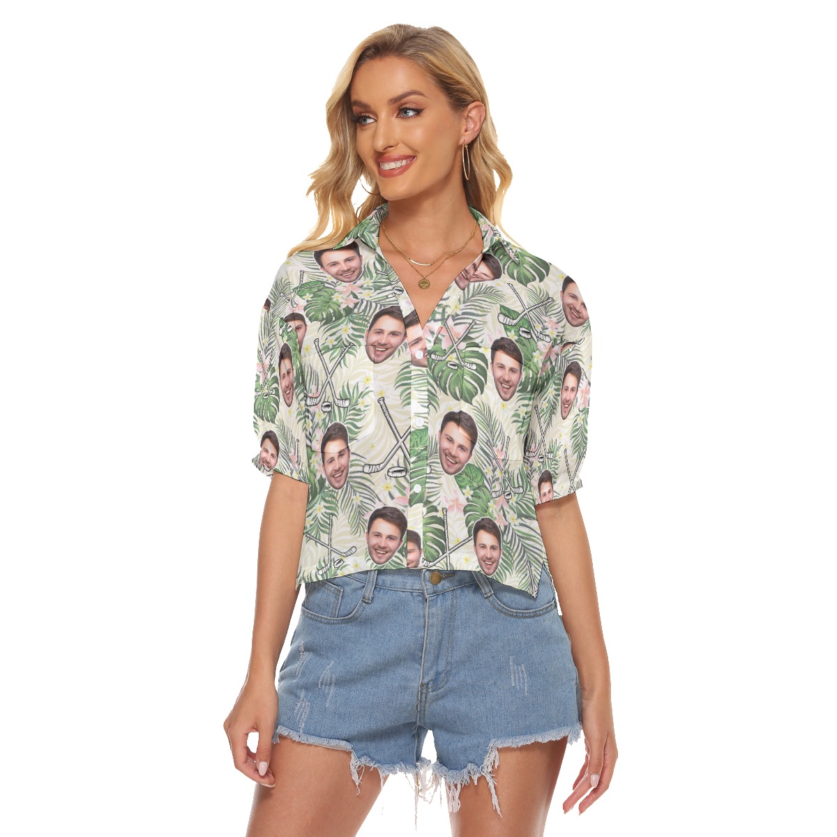 Funny Custom Face Hockey Floral Hawaiian Cropped Shirt For Women - variant image 1