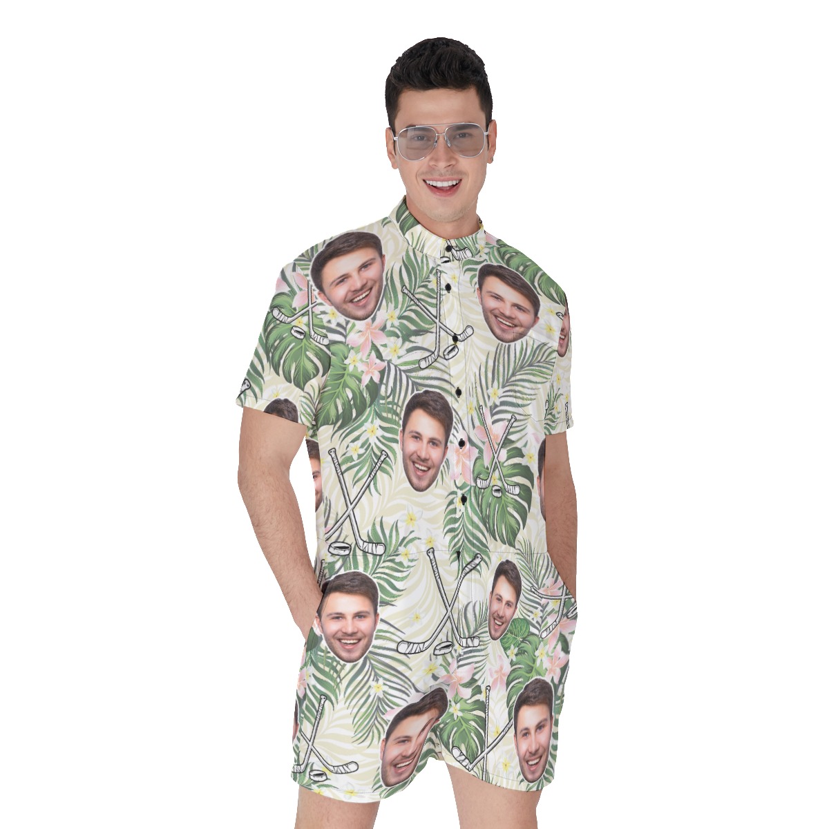 Funny Custom Face Hockey Floral Hawaiian Romper For Men - variant image 1