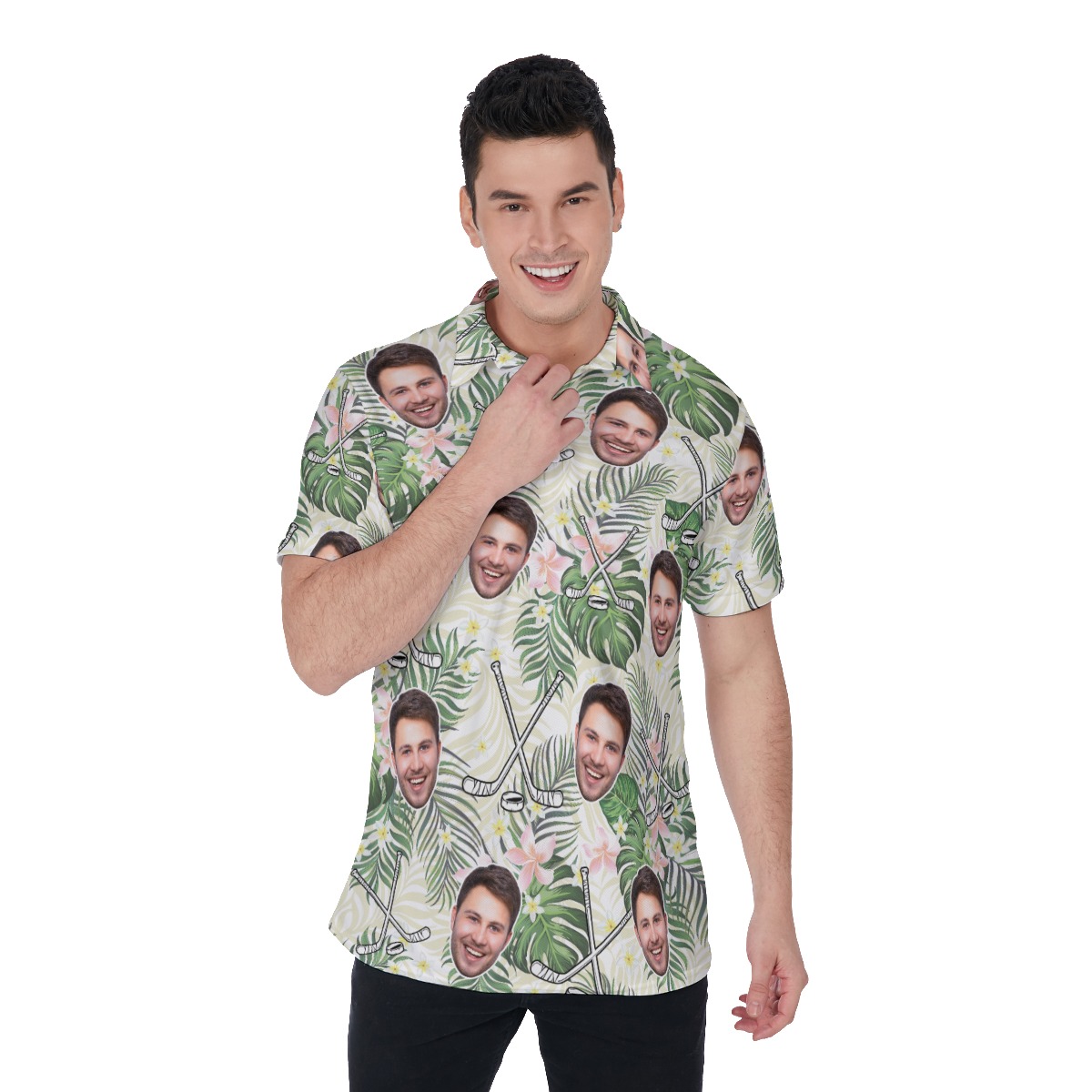 Funny Custom Face Hockey Floral Hawaiian Polo Shirt - variant image 1