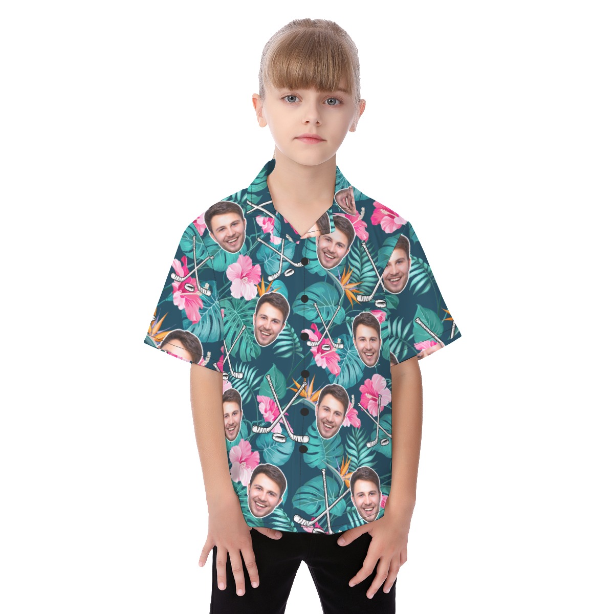 Funny Custom Face Hockey Floral Hawaiian Shirt For Kids - variant image 1