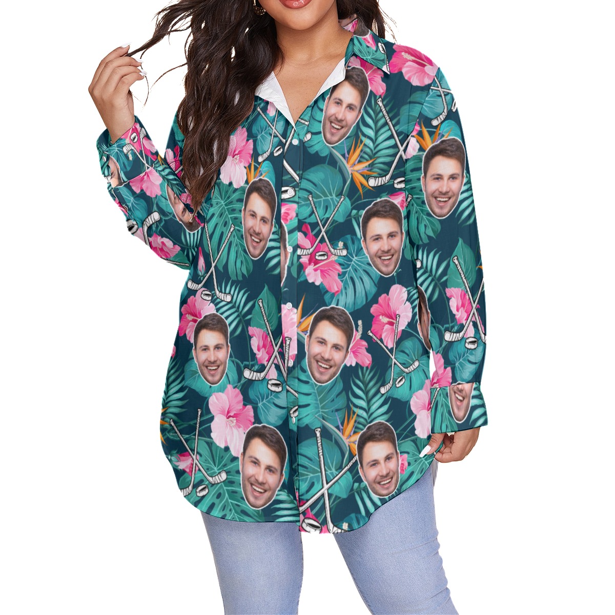 Funny Custom Face Hockey Floral Hawaiian Plus Size Shirt For Women - variant image 1