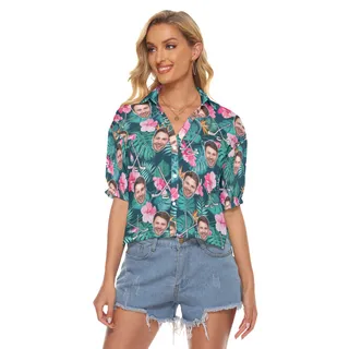 Tropical Hockey Custom Face Hawaiian Cropped Shirt For Women