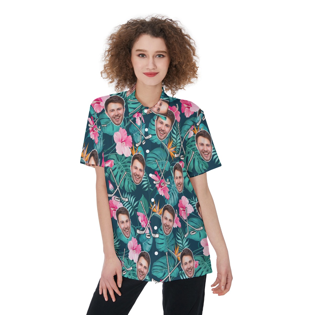 Custom Face Tropical Hockey Hawaiian Shirt For Women - variant image 1