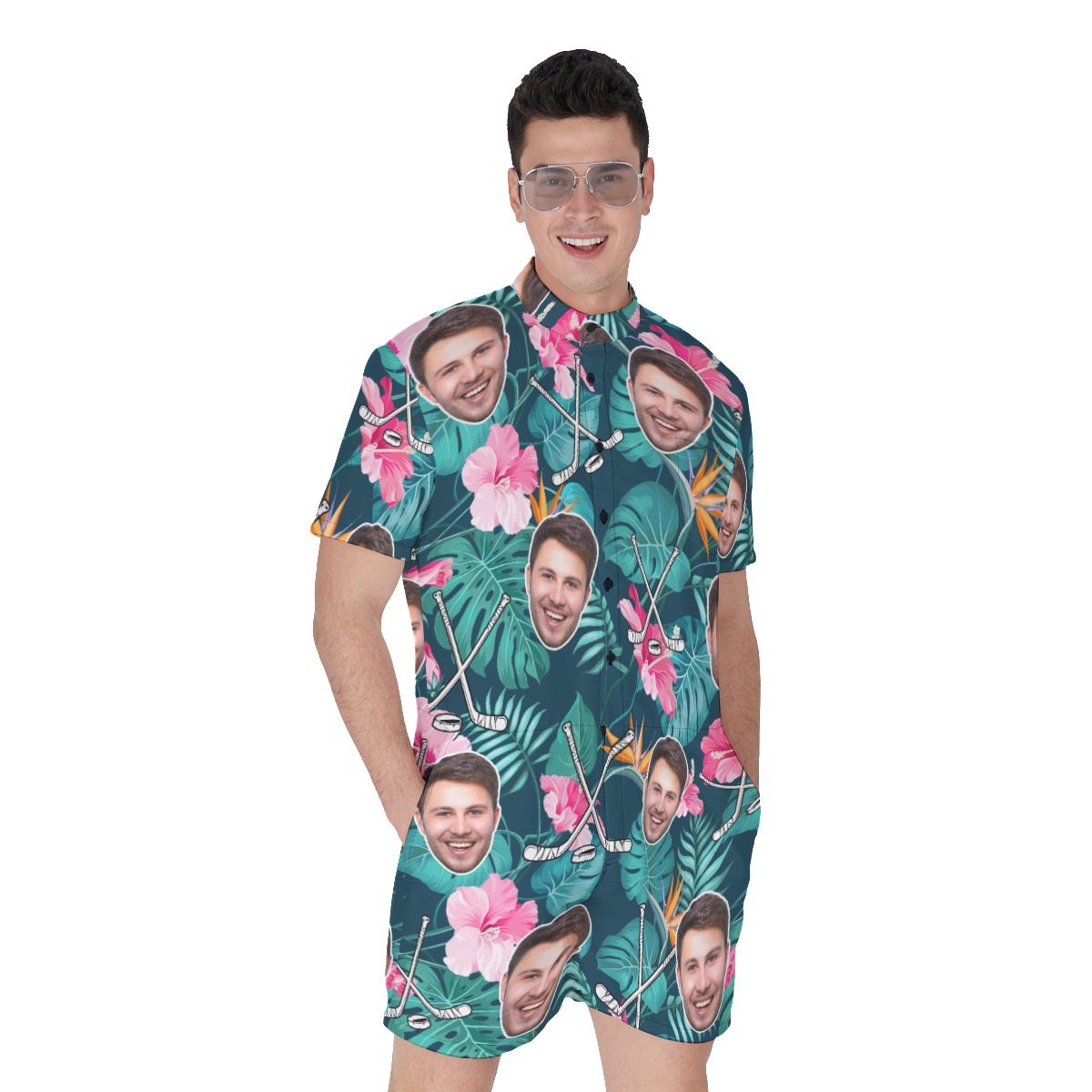 Custom Face Hockey Floral Men's Hawaiian Romper - variant image 1
