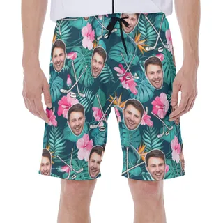 Personalized Hockey Floral Hawaiian Swim Trunks With Face