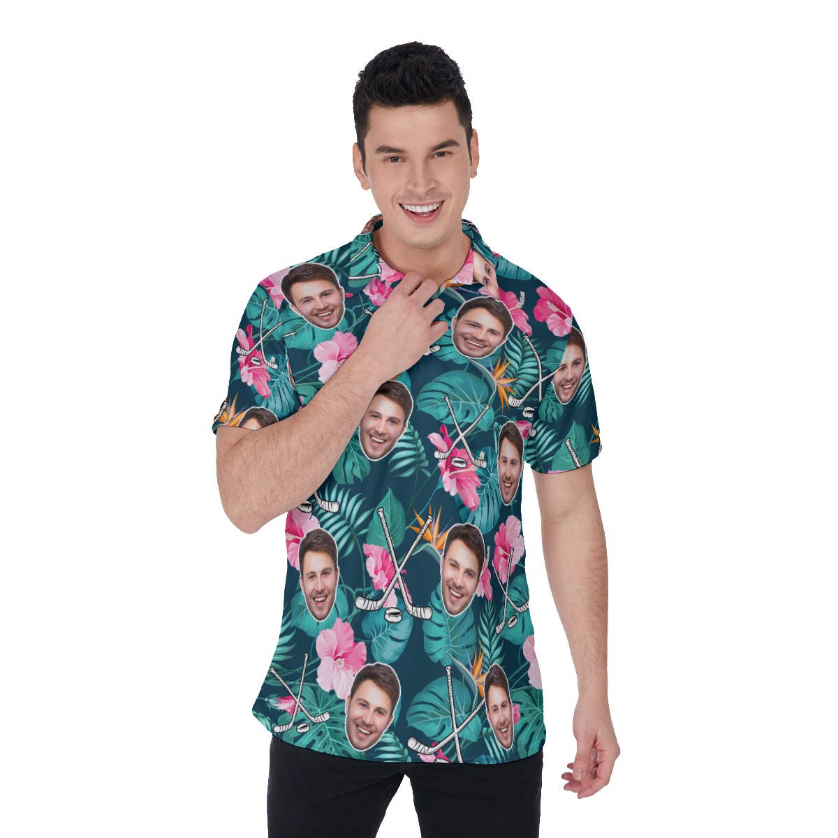 Customized Tropical Hockey Hawaiian Polo Shirt With Face - variant image 1