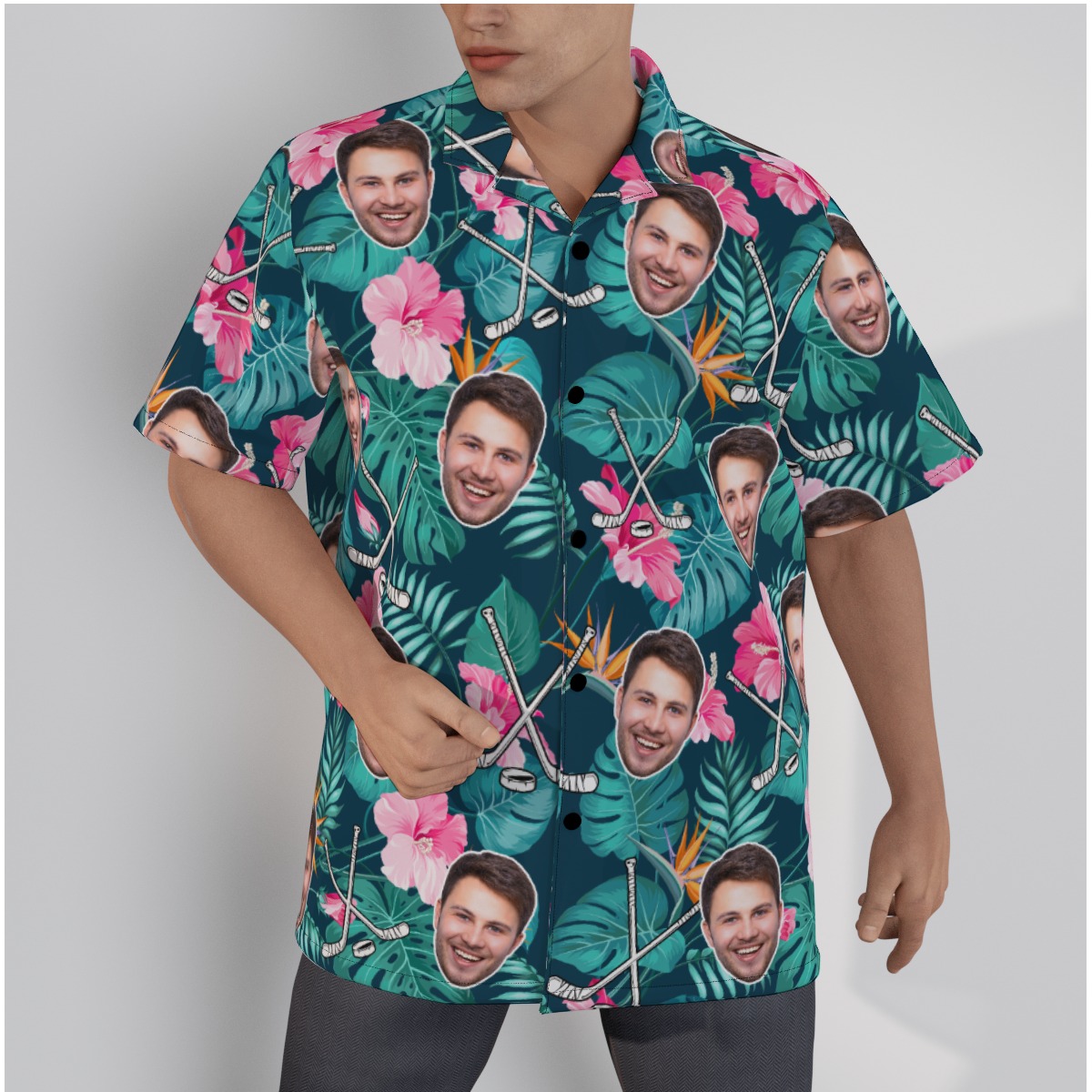 Custom Face Hockey Floral Hawaiian Shirt For Men - variant image 1