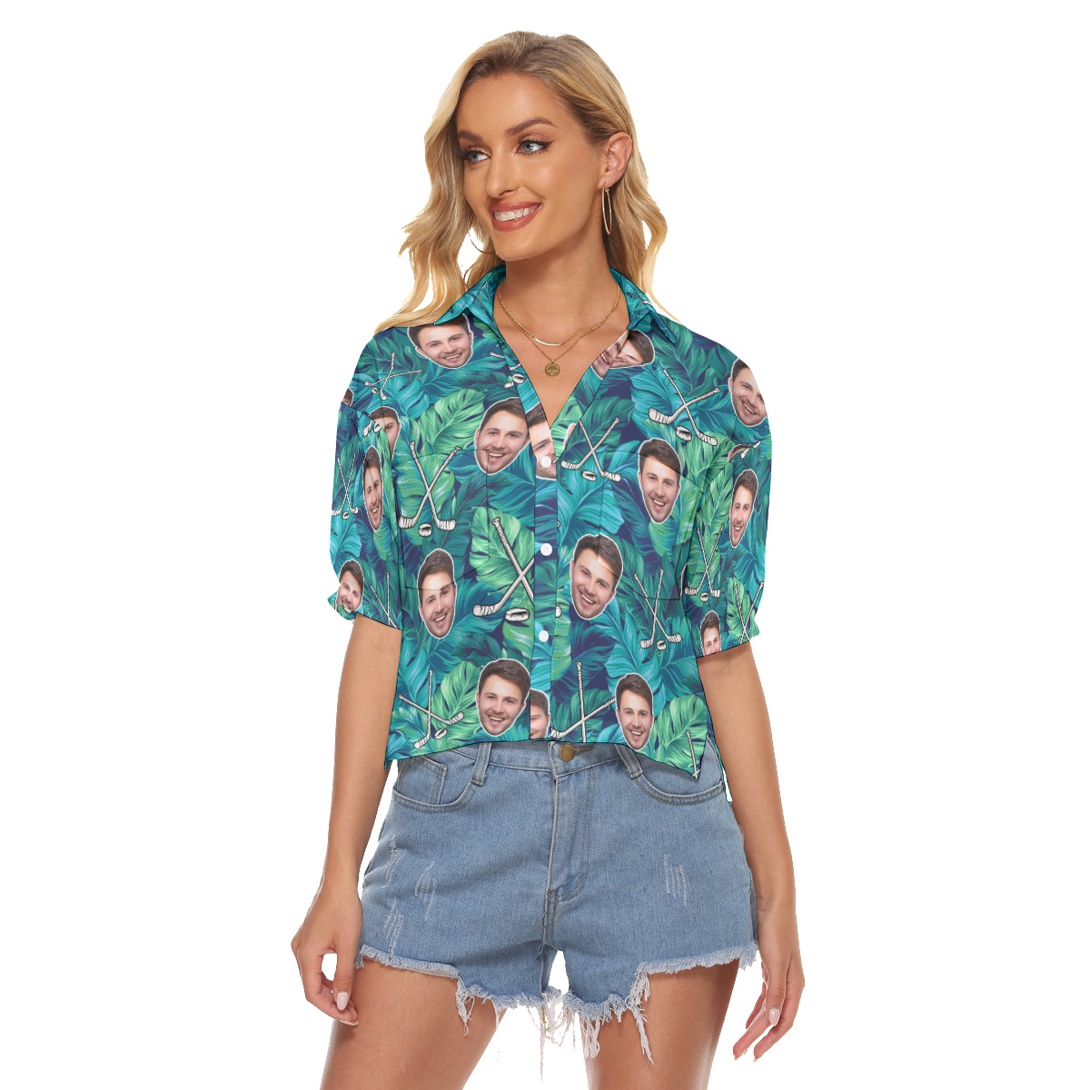 Tropical Leave Hockey Custom Face Hawaiian Crop Top Shirt - variant image 1