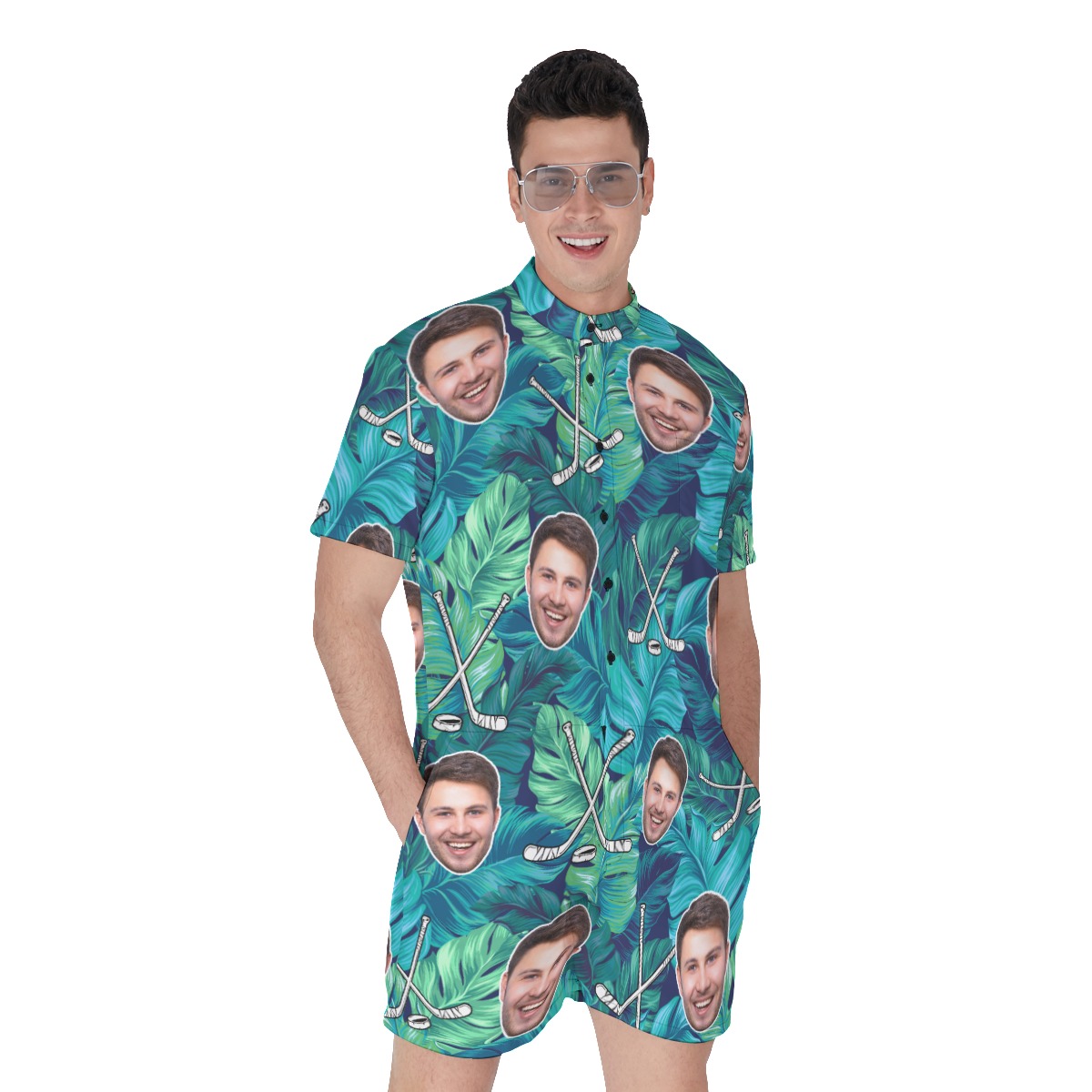 Custom Face Tropical Leave Hockey Men's Hawaiian Romper - variant image 1