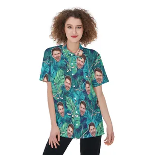 Funny Custom Face Tropical Leave Hockey Hawaiian Shirt For Women